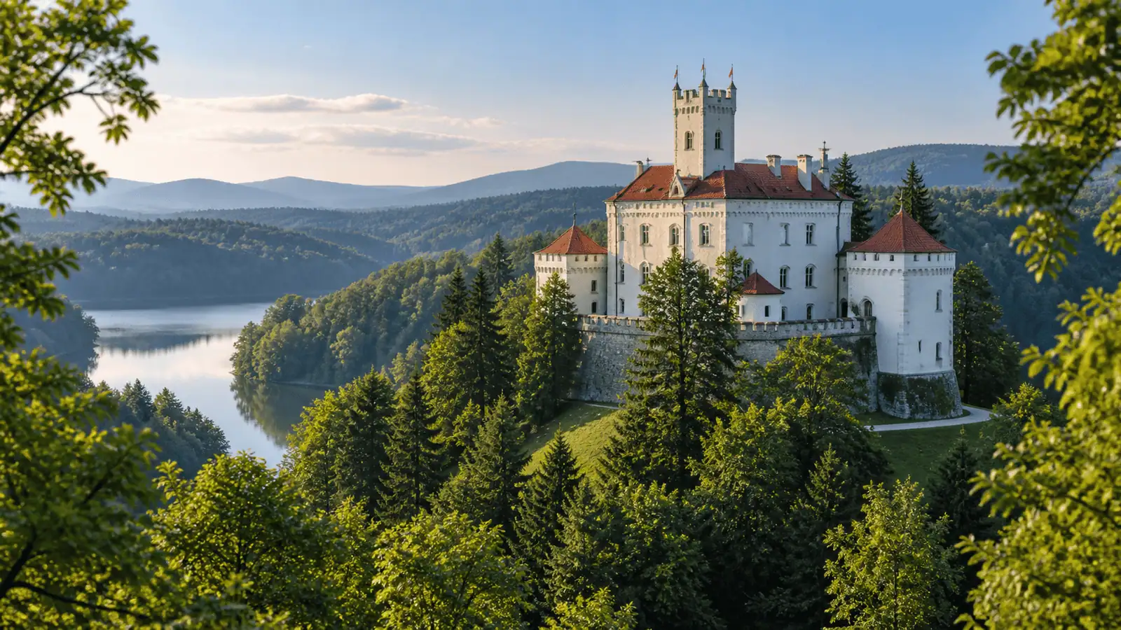 Ilustrativni bijeli dvorac s crvenim krovovima među šumom uz jezero.