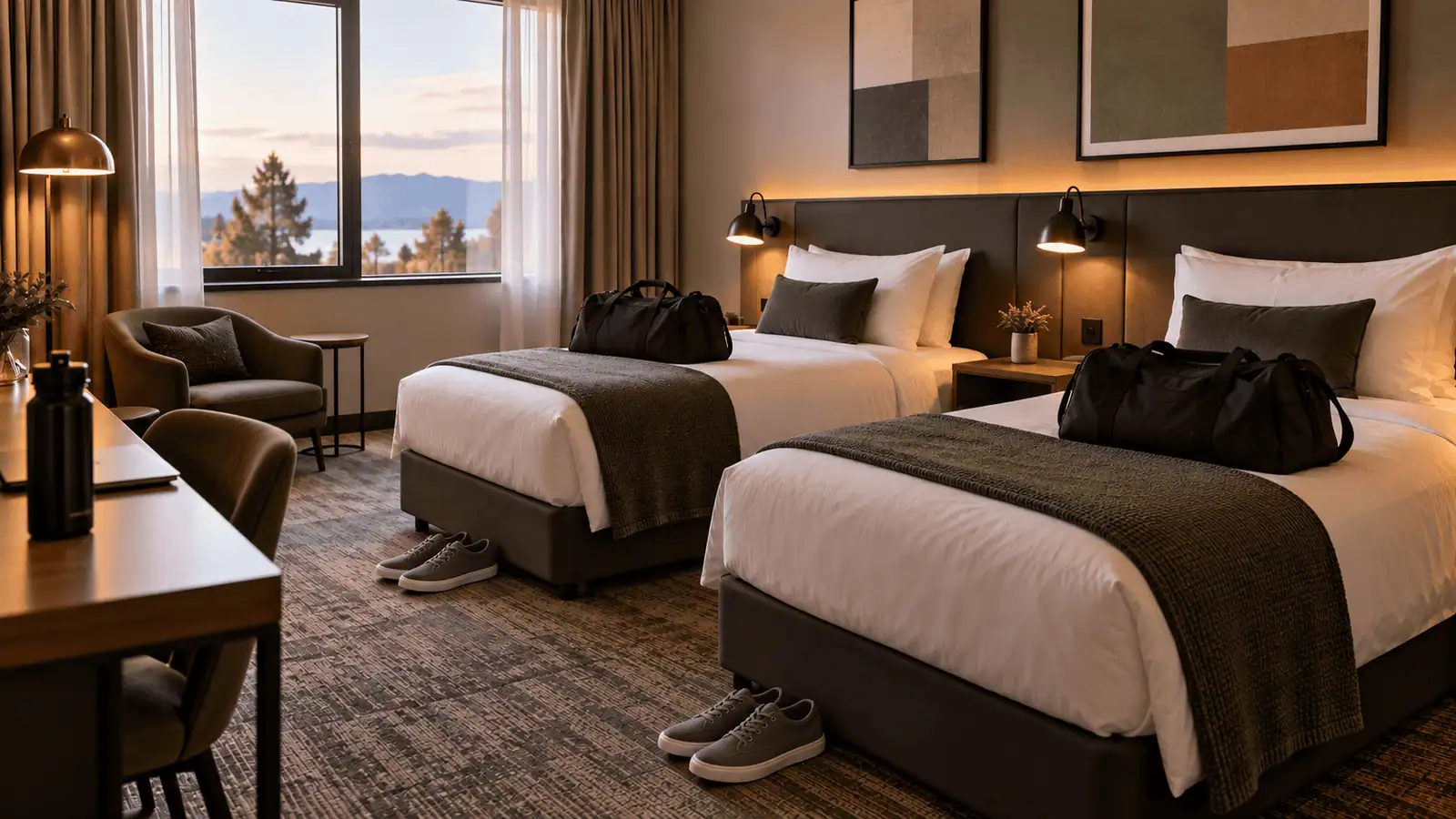 Hotelska soba s dva odvojena kreveta i putnim torbama.