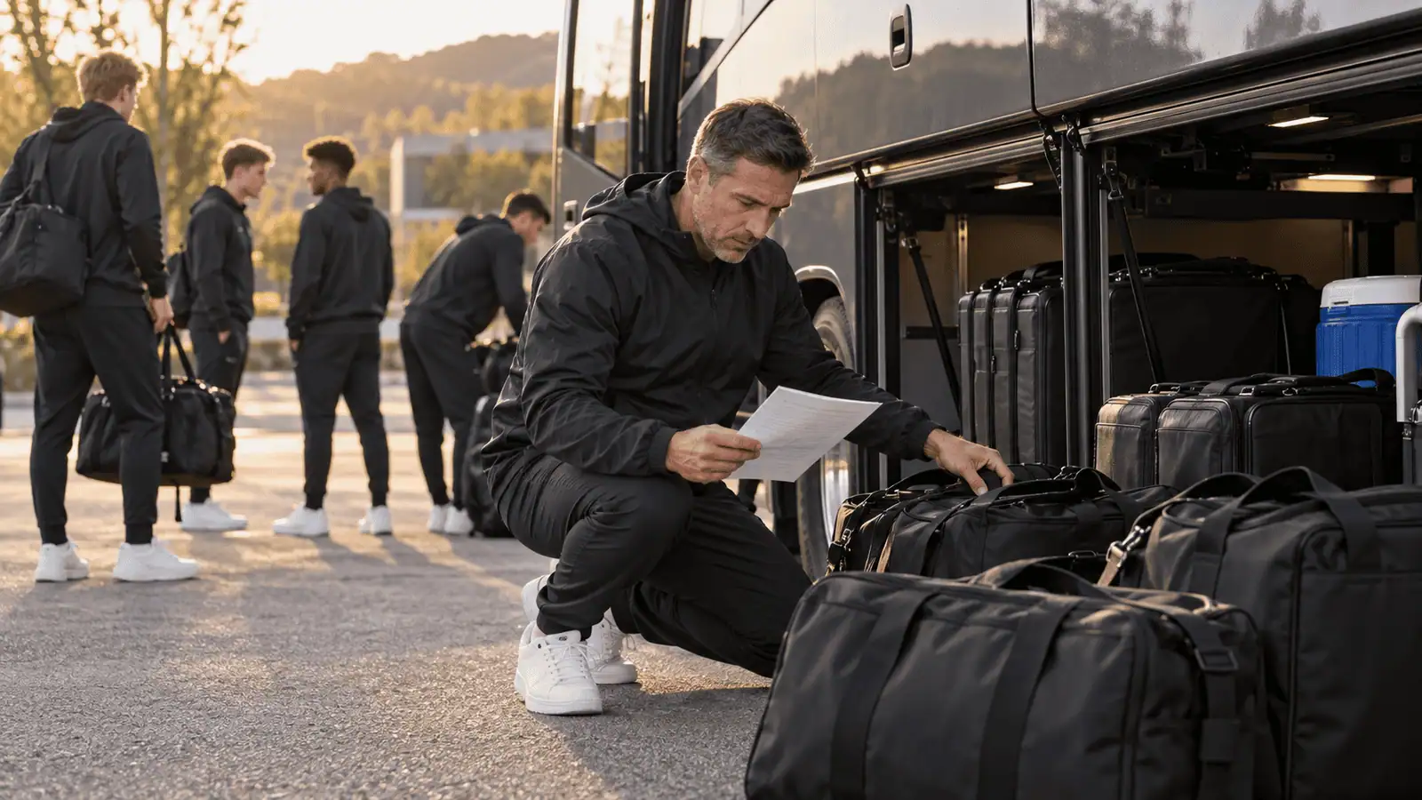 Trener provjerava torbe i papirnati plan uz autobus.