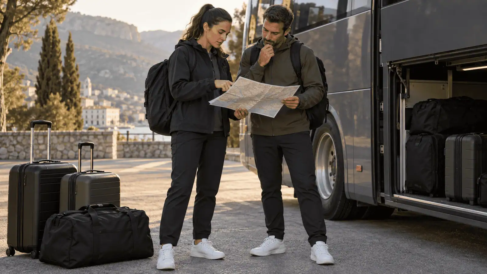 Dvoje koordinatora proučava kartu uz autobus i prtljagu.
