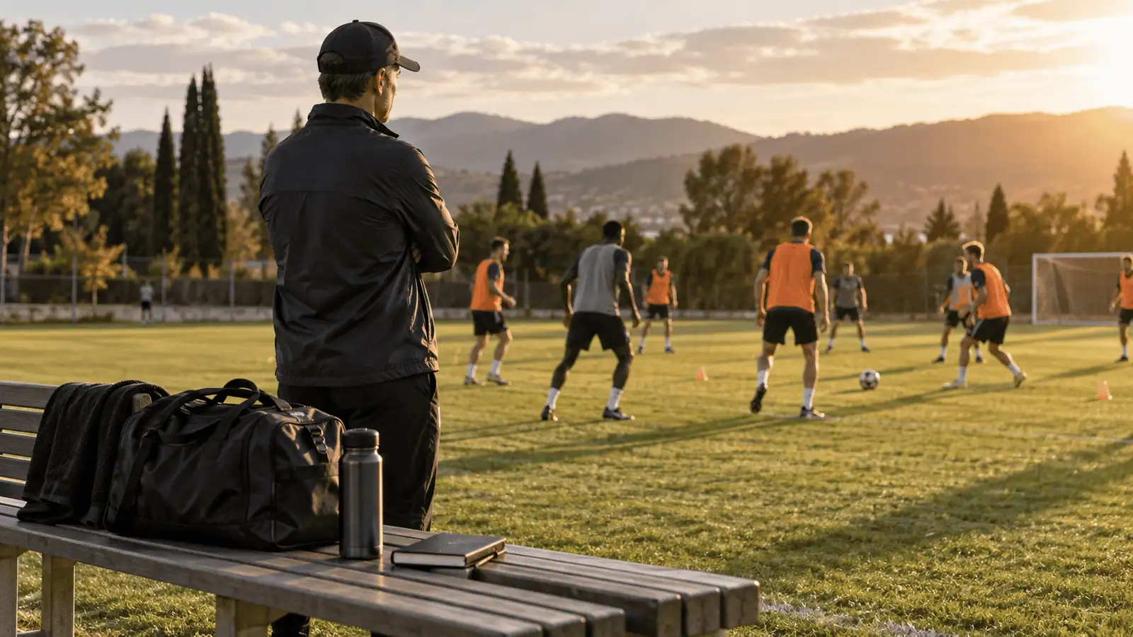 Trener promatra nogometni trening uz klupu s torbom i bilježnicom.